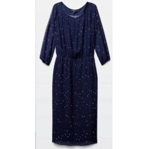 Babaton Aritzia Pieter Dark Navy Polka Dot Pleated Chiffon Midi Dress Women's XS